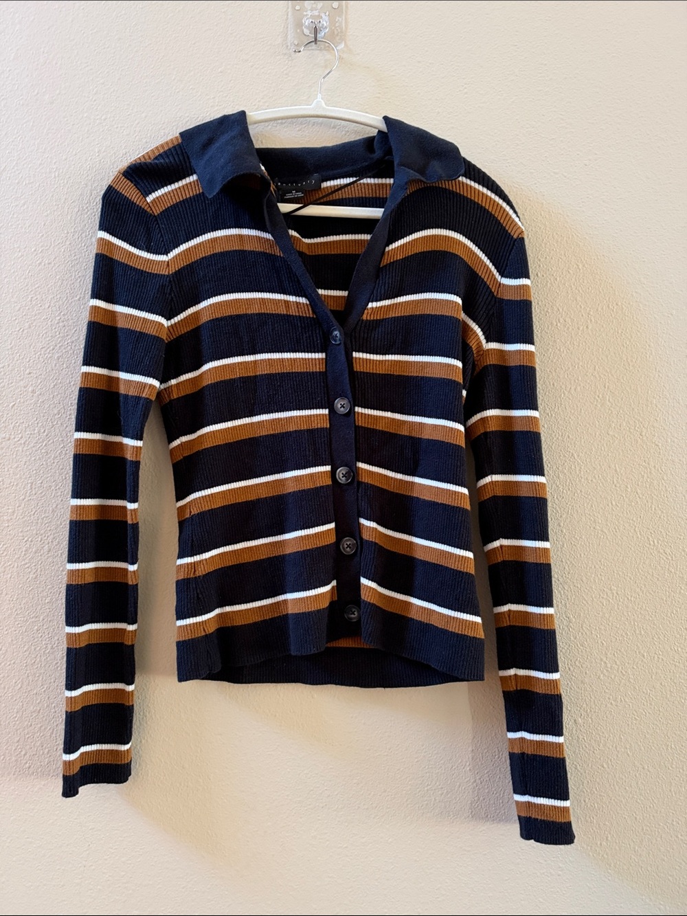 Sanctuary Women's Striped Black, Ivory, and Brown Collared Button-Front Sweater